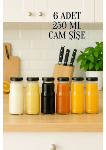 6 Adet 250 ml Şeffaf Sürahi Süt, Ayran, Su, Limonata, Meşrubat Şişesi Metal Kapaklı Cam Şişe
