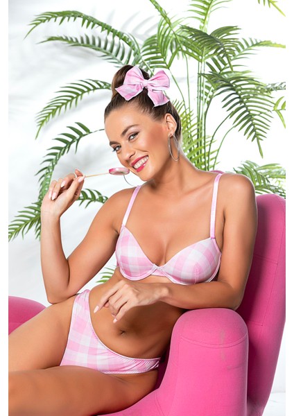 Ekose Desenli, Hafif Destekli, Sütyen ve Slip Külot Takım Pembe (TRK32081)