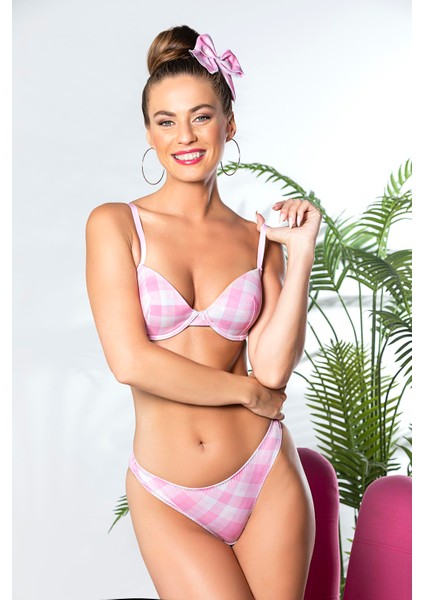 Ekose Desenli, Hafif Destekli, Sütyen ve Slip Külot Takım Pembe (TRK32081) fiyatları