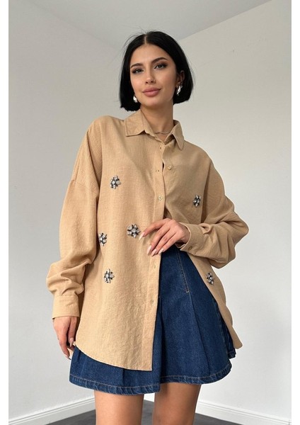 Bej Taş Işlemeli Gömlek