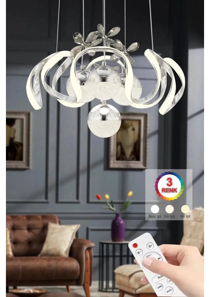 Dalga 3 Renk Işık Kumandalı Özellikli Modern Krom Kaplama Sarkıt LED Avize