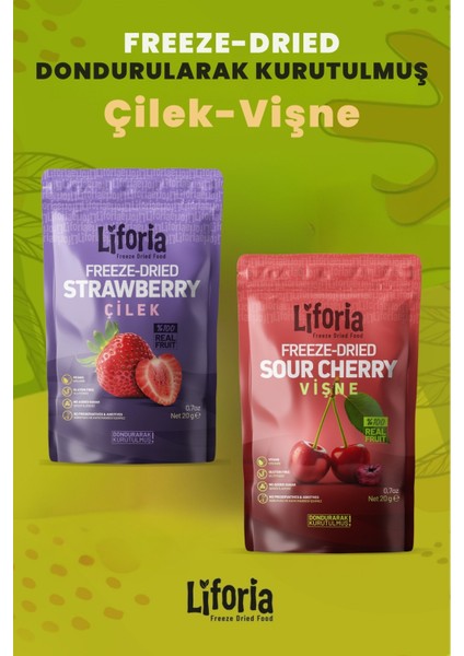 2’li Dondurularak Kurutulmuş Kuru Meyve - Sağlıklı Atıştırmalık - Çilek ve Vişne Kurusu Freeze Dried
