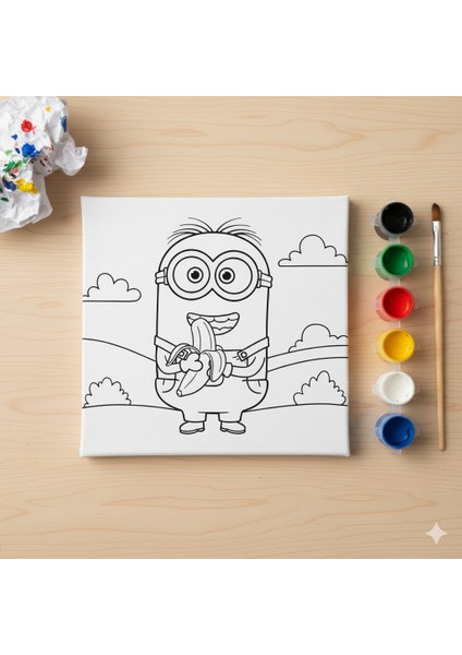 Çocuklar Için Muz Yiyen Minion Eğlenceli Eğitici Tuval Boyama Seti