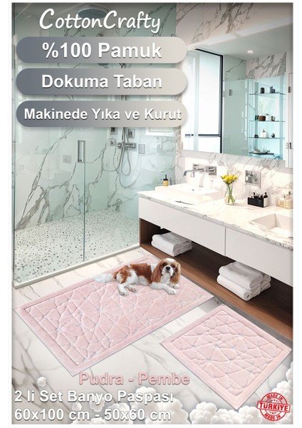 Pembe Pamuk Dokuma Banyo Paspas Seti, 2'li, 60X100 ve 60X50 Ölçüleri modelleri