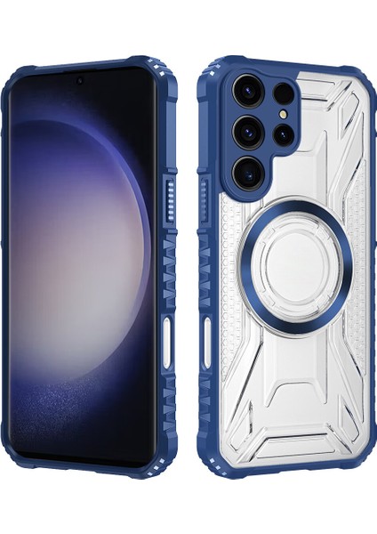 Case For Samsung Galaxy S23 Ultra Için Manyetik Halkalı Şeffaf Akrilik Darbeye Dayanıklı Koruyucu Kılıf-Mavi (Yurt Dışından)