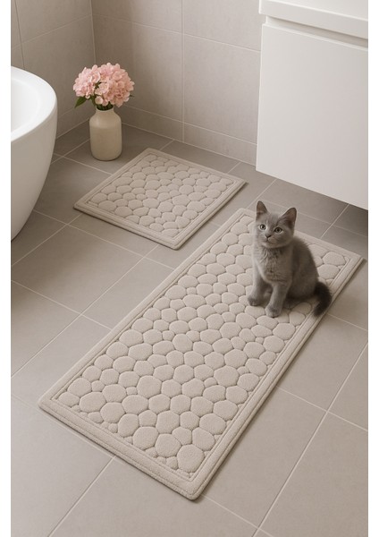 Yumuşak Pamuklu Banyo Paspası Çakıltaşı 2'li Takım, 60X100 ve 50X60 Cm, Gri