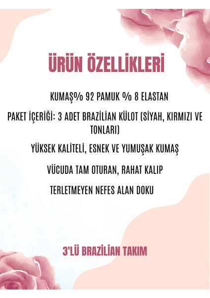 3’lü Brazilian Takım – Siyah ve Kırmızı Tonlarıyla Cesur ve Zarif Şıklığı Kumaş % 92 Pamuk % 8 Elastan Uzun Ömürlü Organik modelleri