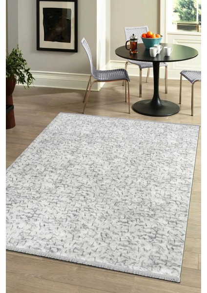 Gri Desenli Peluş Saçaklı Kaymaz Halı, Yıkanabilir, Antre ve Hol Kullanımı Için