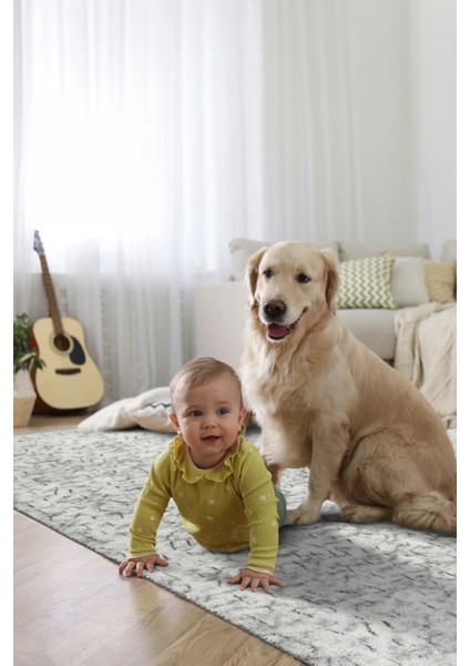 Gri Desenli Peluş Saçaklı Kaymaz Halı, Yıkanabilir, Antre ve Hol Kullanımı Için fırsatları