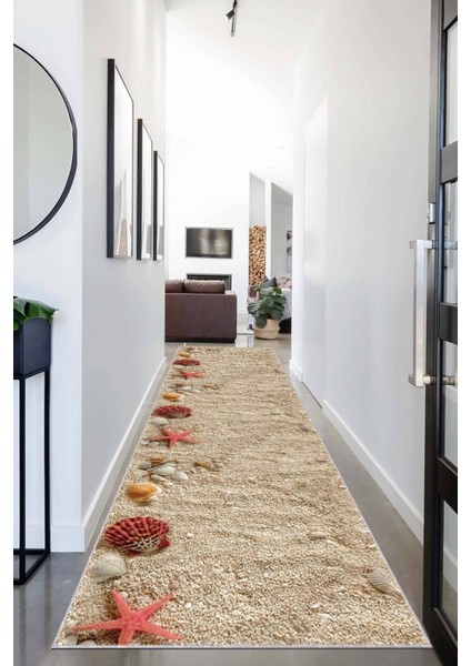 Bej Kaymaz Dot Taban Yıkanabilir Yolluk, Şık ve Pratik Kullanım Sağlar.