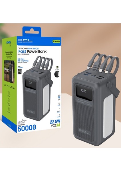 PW-131 LED Fenerli Dahili Kablolu 22.5W 50.000MAH Hızlı Şarjlı Powerbank