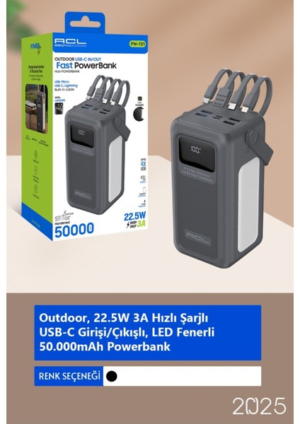 PW-131 LED Fenerli Dahili Kablolu 22.5W 50.000MAH Hızlı Şarjlı Powerbank fiyatları