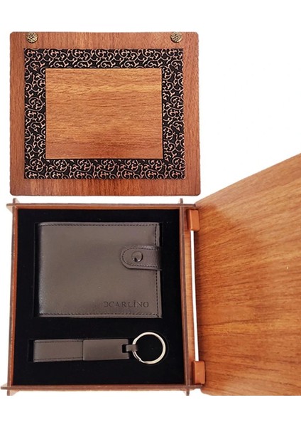 Ahşap Kutulu Cüzdan ve Mat Siyah Anahtarlık