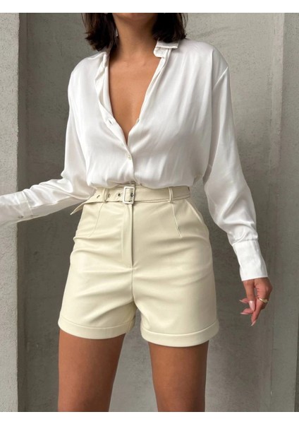 Kemerli Deri Şort Krem H241003 fiyatları