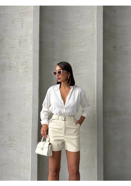 Kemerli Deri Şort Krem H241003 indirimleri