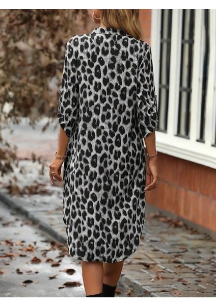 Kadın Uzun Kollu Yakalı Önden Düğmeli Leopar Desenli Modal Midi Elbise fırsatları