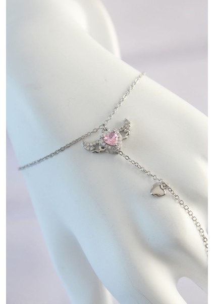 316L Çelik Gümüş Renk Pembe Zirkon Taşlı Kanatlı Kalp Model Şahmeran - Lisinya fiyatları