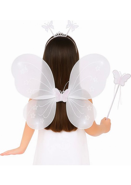 Beyaz Kelebek Kız Seti – 50 cm Kelebek Kanadı, Taç ve Asa - Lisinya