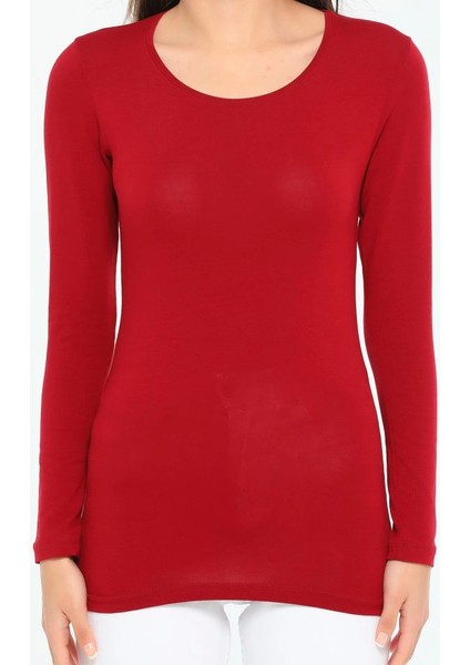 Rahat ve Şık Uzun Kollu Bisiklet Yaka Likralı Viskon Penye Body Bordo ( Lisinya )