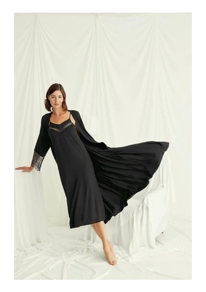 Monamise Dekolteli Yakası ve Kolu Dantelli Sabahlık Takımı indirimleri