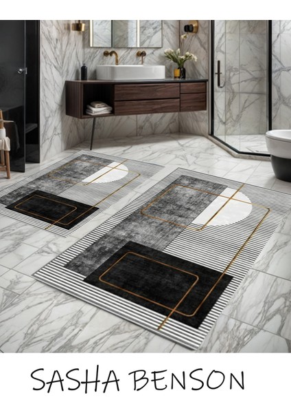 Şık Gri Banyo Paspası ve Klozet Takımı, Kaymaz Tabanlı, 2'li Set