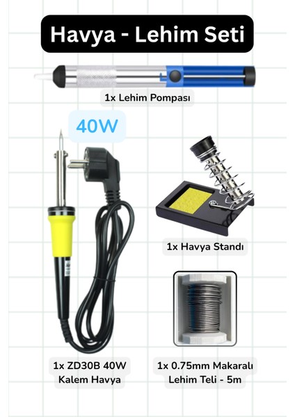 40W Kalem Havya - Lehim - Havya Standı - Lehim Pompası Seti