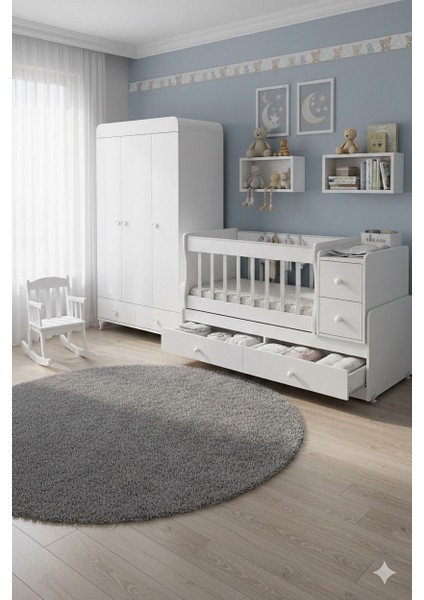 Miniboo Bebek Odası Takımı 4 Çekmeceli Büyüyen Anneyanı Sallanır Beşik ve Beşik Üç Kapaklı Dolap