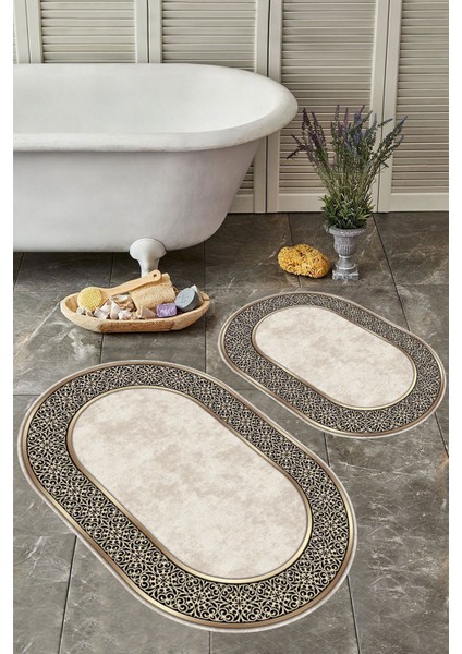 Kaymaz Tabanlı Yıkılabilir Toz ve Leke Tutmaz Oval Banyo Paspas Seti (2'li)