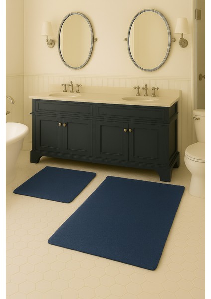 Lacivert Modern Dekoratif Kaymaz Taban Banyo Paspası ve Klozet Takımı 50X80-40X50 cm