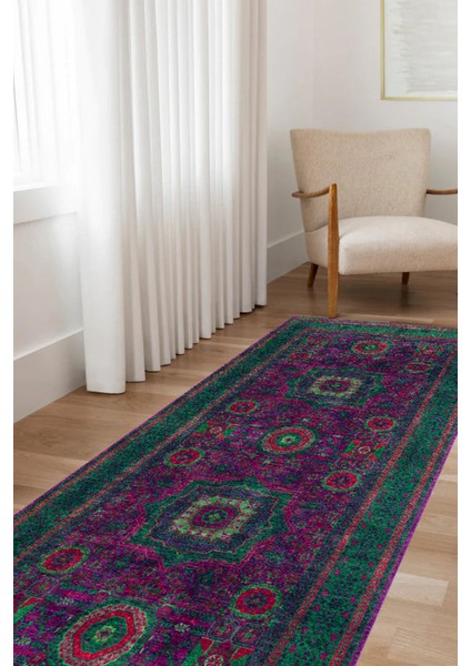 Yeşil Yolluk Antre ve Kolidor Halısı, Vintage Görünümlü Dot Tabanlı El Halısı