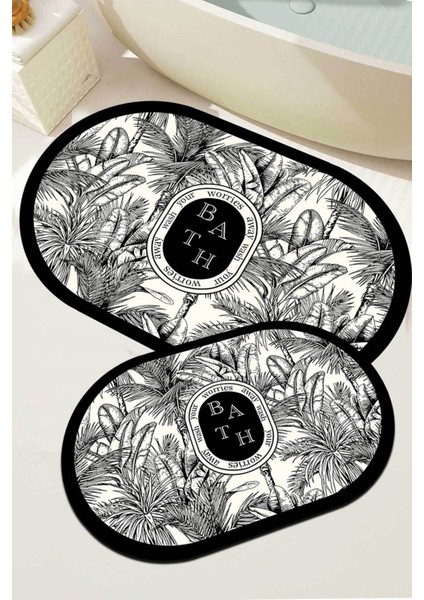 Yıkanabilir Siyah Beyaz Botanik Banyo Paspası Çiftliği