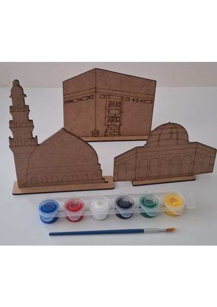 3 Mescid Cami Maket Ahşap Boyama Dini Aktivite Okul Kurs Etkinlik 1 Adet Boya 1 Adet Fırça Hobi Seti