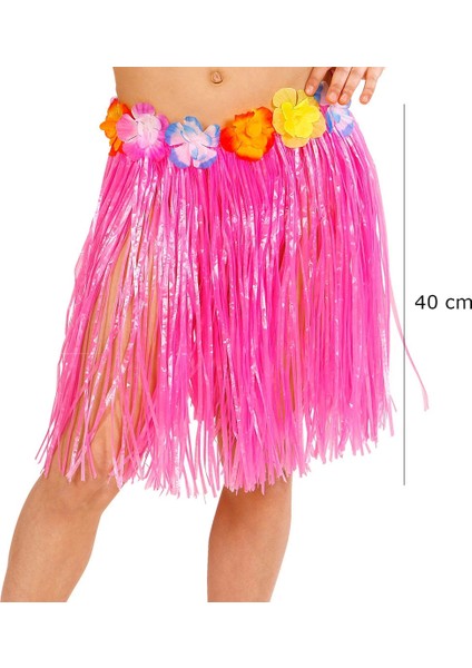 Yetişkin ve Çocuk Uyumlu Pembe Renk Püsküllü Hawaii Luau Hula Etek 40 cm - Lisinya