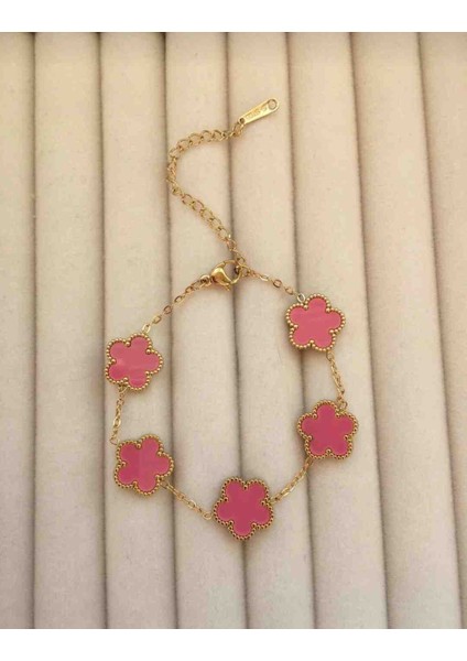 Gold Pembe Yonca Model Kadın Çelik Bileklik fiyatları