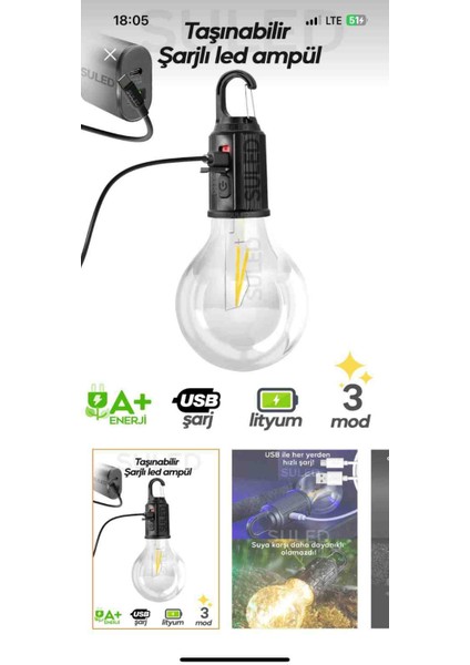 Taşınabilir Kırılmaz Şarjlı USB LED Ampül IP65 Type-C