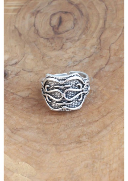 Motifli Gümüş Renk Ayarlanabilir Erkek Yüzük - Lisinya