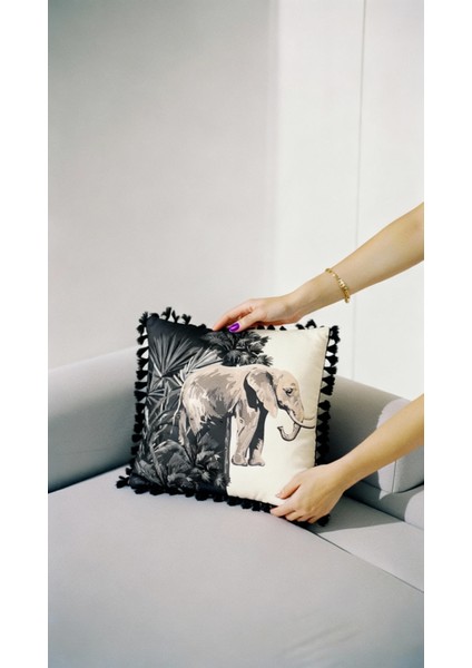 Safari Serisi Elephant Dusk Püsküllü Kırlent Kılıfı 42X42 cm | Fil & Egzotik Palmiye Desenli Yastık Kılıfı fiyatları