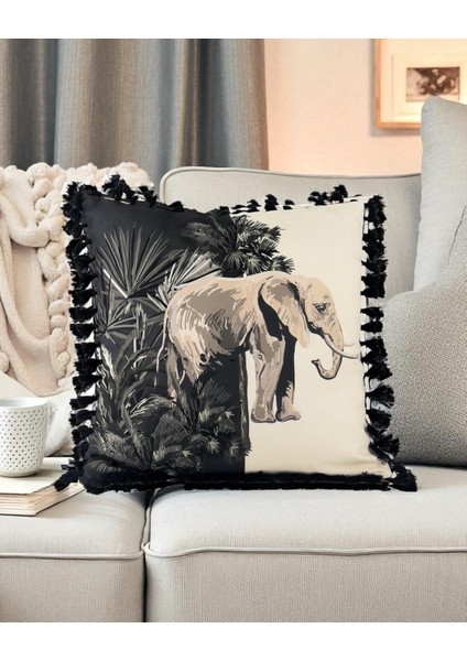Safari Serisi Elephant Dusk Püsküllü Kırlent Kılıfı 42X42 cm | Fil & Egzotik Palmiye Desenli Yastık Kılıfı modelleri