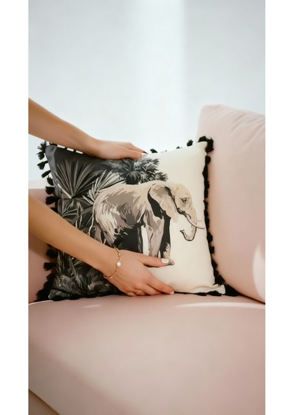 Safari Serisi Elephant Dusk Püsküllü Kırlent Kılıfı 42X42 cm | Fil & Egzotik Palmiye Desenli Yastık Kılıfı indirimleri