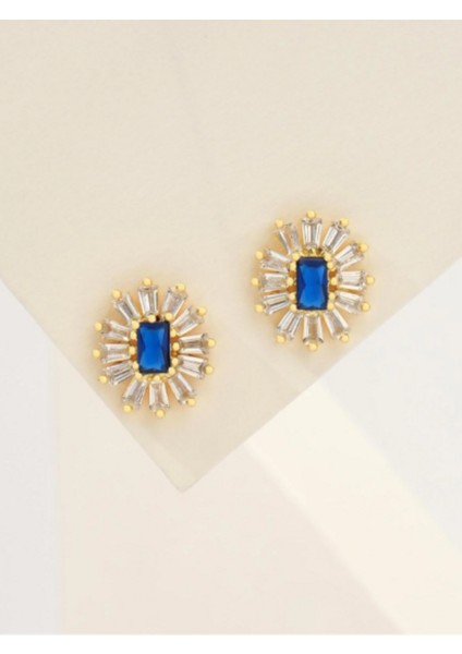 925 Ayar Sarı Altın Kaplama Safir Taşlı Çiçek Model Baget Gümüş Küpe fiyatları