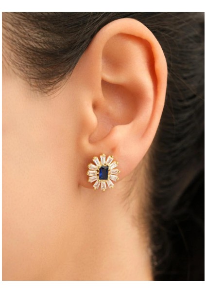 925 Ayar Sarı Altın Kaplama Safir Taşlı Çiçek Model Baget Gümüş Küpe modelleri