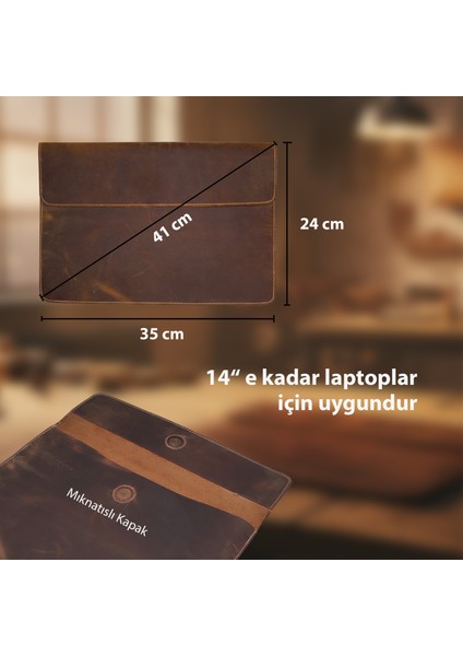Vintage Hakiki Deri Laptop Çantası 14 Inç Uyumlu | El Yapımı MacBook Kılıfı