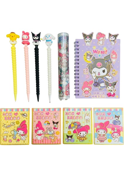 Kuromi Sanrio 10 Parça Set Uçlu Kalem Rulo Sticker Mini Sticker Defter Not Defteri Anahtarlık Hediyeli