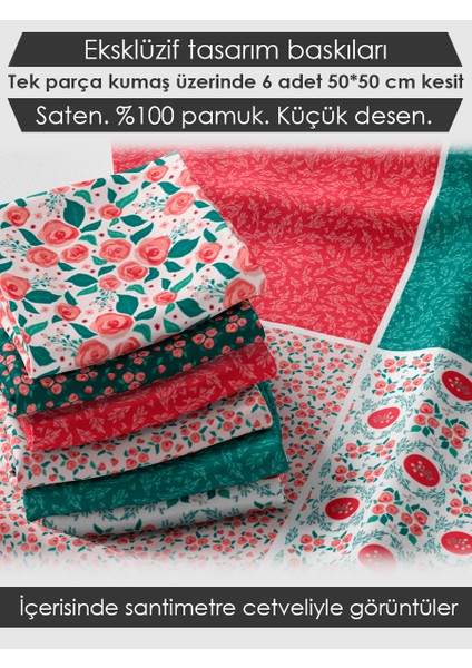 %100 Pamuk Saten Kumaş Panel – 6 Desenli Dijital Baskılı Tek Parça Patchwork Kumaş | 140 G/m², 155×100 cm