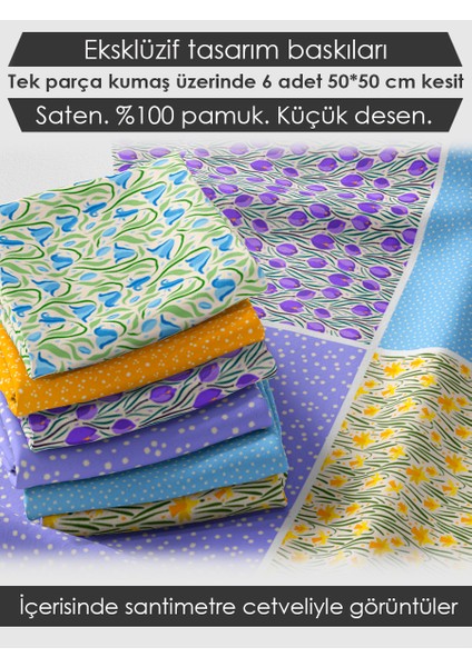 %100 Pamuk Saten Kumaş Panel – 6 Desenli Dijital Baskılı Tek Parça Patchwork Kumaş | 140 G/m², 155×100 cm