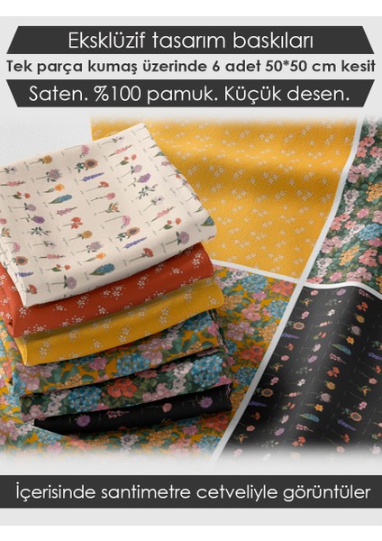%100 Pamuk Saten Kumaş Panel – 6 Desenli Dijital Baskılı Tek Parça Patchwork Kumaş | 140 G/m², 155×100 cm