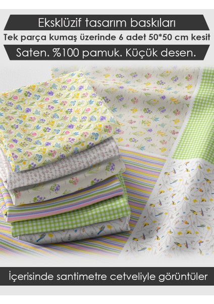 %100 Pamuk Saten Kumaş Panel – 6 Desenli Dijital Baskılı Tek Parça Patchwork Kumaş | 140 G/m², 155×100 cm