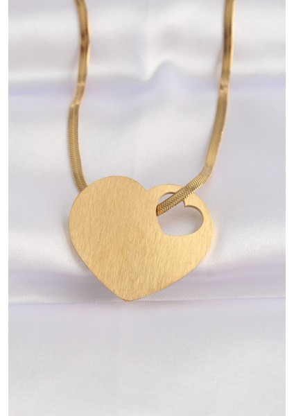 316L Çelik Italyan Zincir Altın Renk Düz Plaka Kalp Kolye - Lisinya