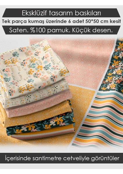 %100 Pamuk Saten Kumaş Panel – 6 Desenli Dijital Baskılı Tek Parça Patchwork Kumaş | 140 G/m², 155×100 cm