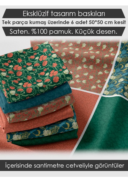 %100 Pamuk Saten Kumaş Panel – 6 Desenli Dijital Baskılı Tek Parça Patchwork Kumaş | 140 G/m², 155×100 cm